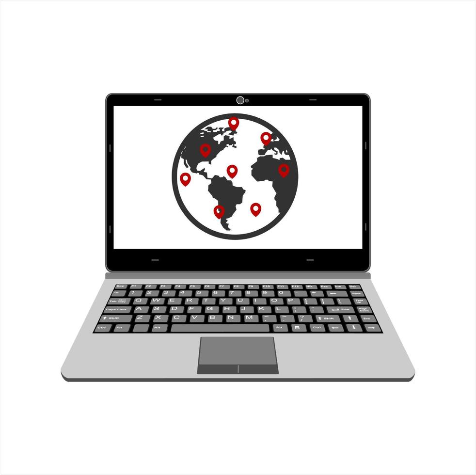 realistic laptop vector illustration display map world