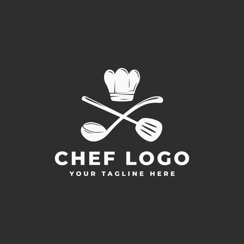 logo de chef de sombrero para símbolo de restaurante, café, entrega de comida, puestos de comida, con elemento de cocina, icono de espátula, sombrero, plantilla de diseño de vector de cuchara de sopa