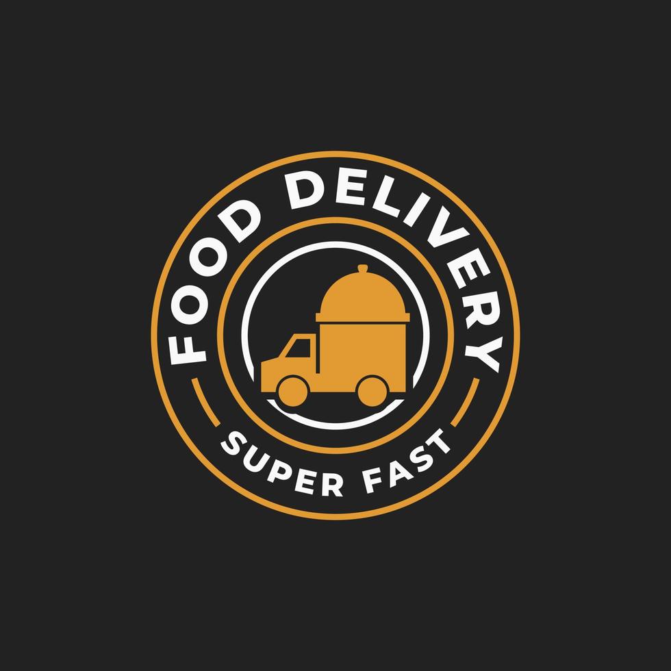 Plantilla de emblema de logotipo de catering de entrega de comida retro vintage, etiqueta de entrega con icono de camión de silueta, adecuada para restaurante, cafetería, tienda, tienda, etc. vector