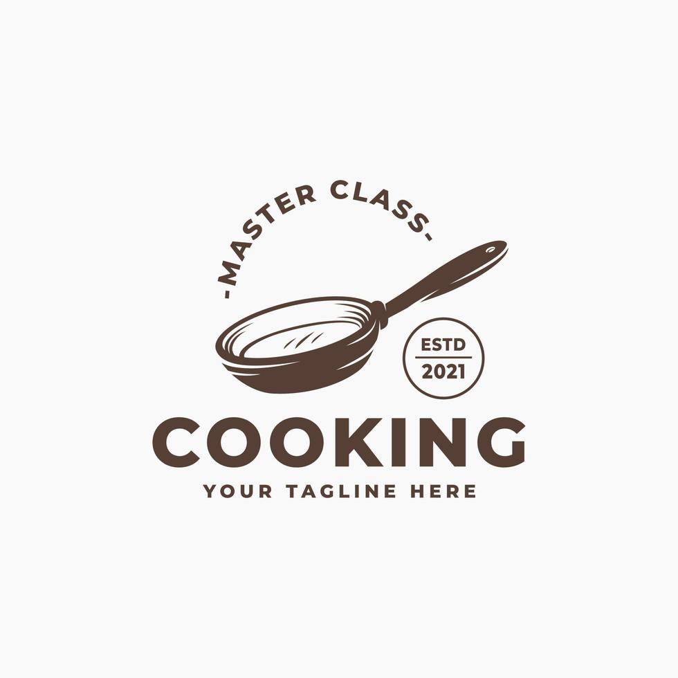 logotipo de cocinero para la clase de la escuela de cocina, símbolo del logotipo de cocina, con el concepto de diseño de ilustración vectorial del icono del equipo de cocina de la sartén, puede también para restaurante, restaurante, lugar, posada, café, bistró, puesto de comida vector