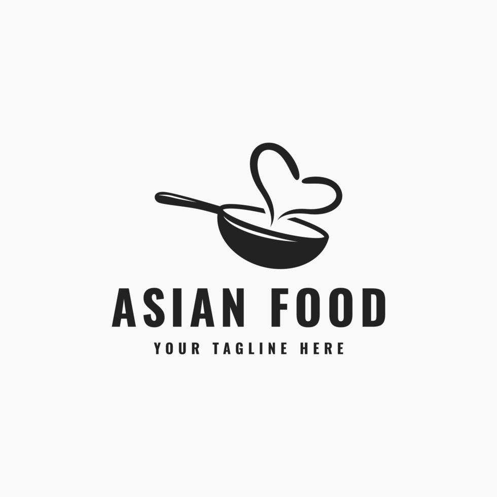 diseño de logotipo de comida asiática con silueta de icono de wok rústico y combinación de símbolo de humo en forma de corazón vector