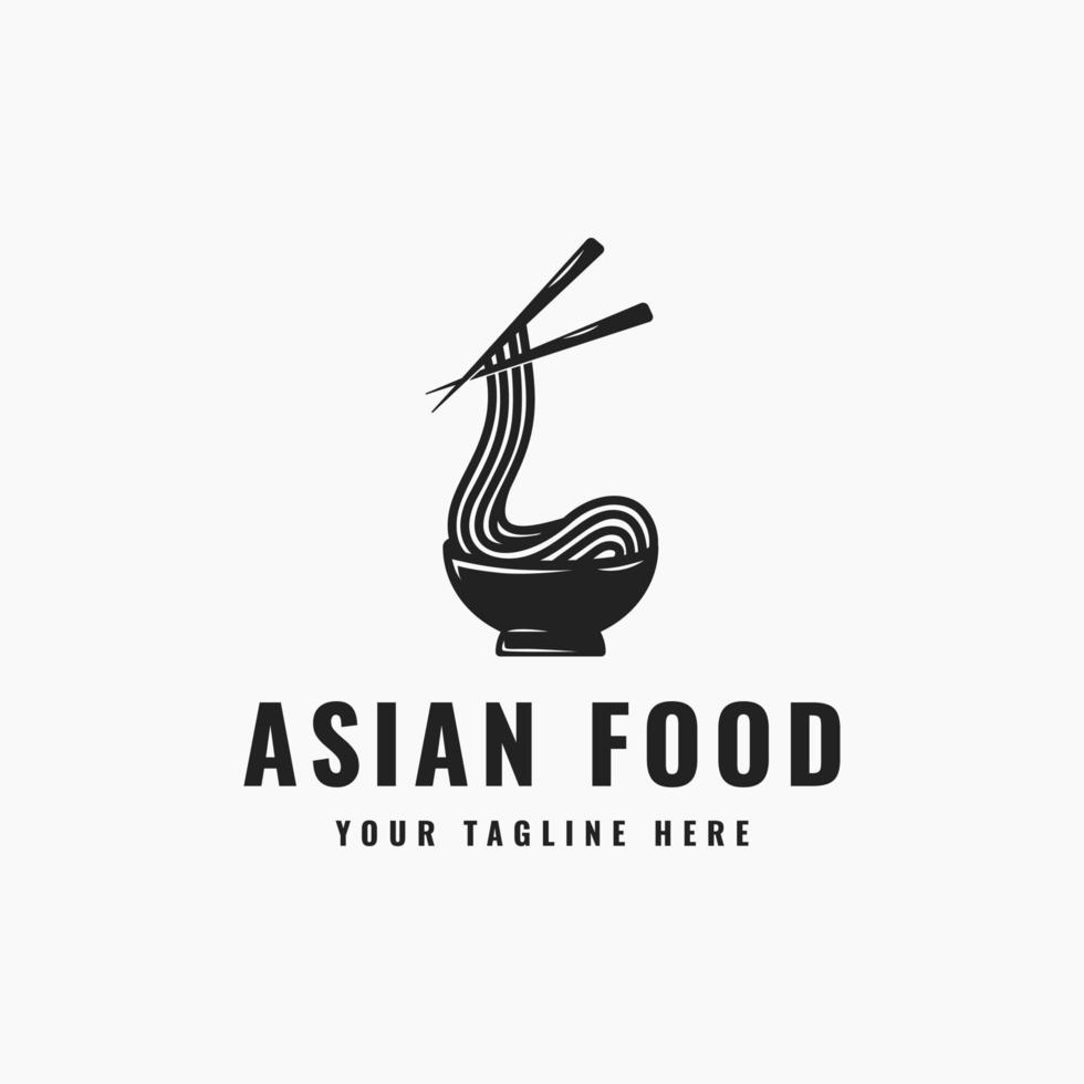 delicioso diseño de logotipo de comida asiática tradicional con símbolo de icono de tazón que contiene fideos y palillos para comer, adecuado para restaurantes, cafés, puestos de comida, comida callejera, etc. vector