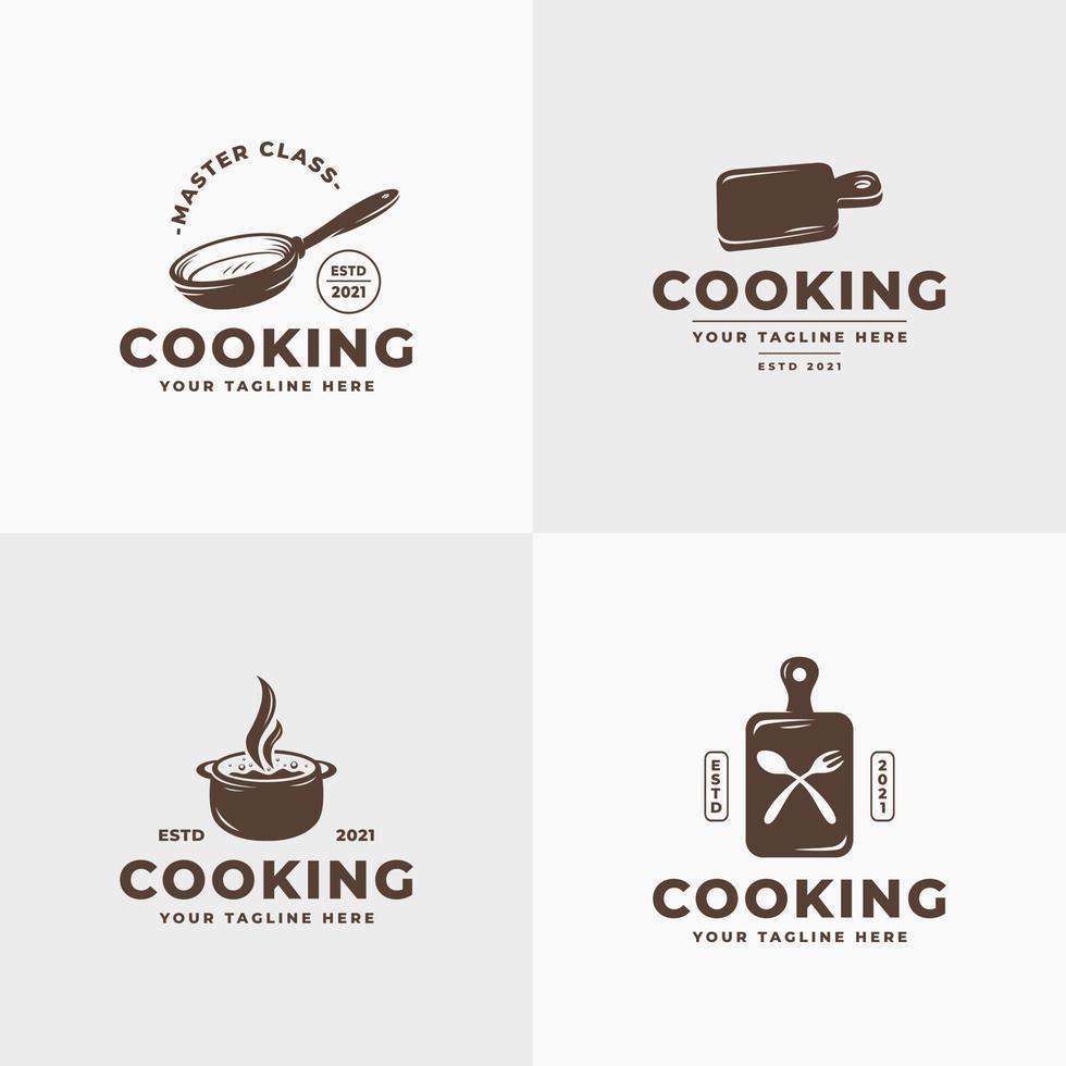 conjunto de logotipo de clase de cocina, colección de elementos de etiqueta de símbolo de icono de utensilios de cocina con estilo de silueta vintage mínimo, también puede ser emblema de logotipo de restaurante, restaurante, lugar, posada, café, bistró, puestos de comida vector