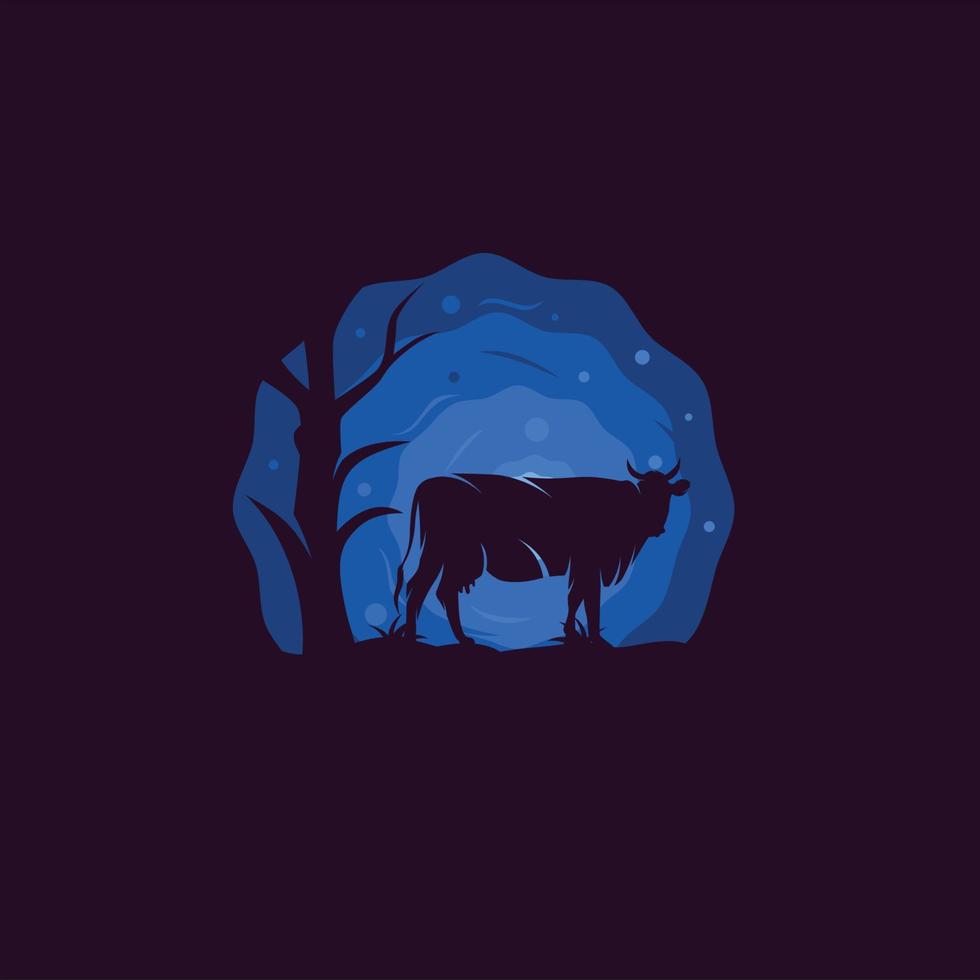 silueta de vaca parada al lado de un árbol con fondo de luna azul vector
