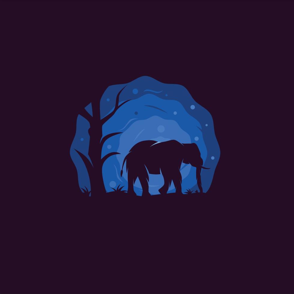 ilustración de silueta de elefante de pie junto a un árbol con fondo de luna azul vector