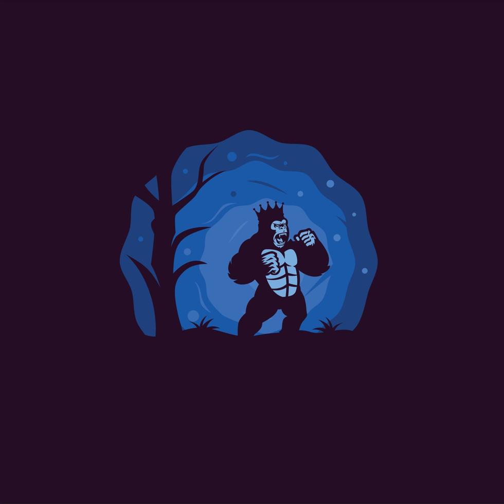 ilustración de silueta de kong enojado de pie junto a un árbol con fondo de luna azul vector