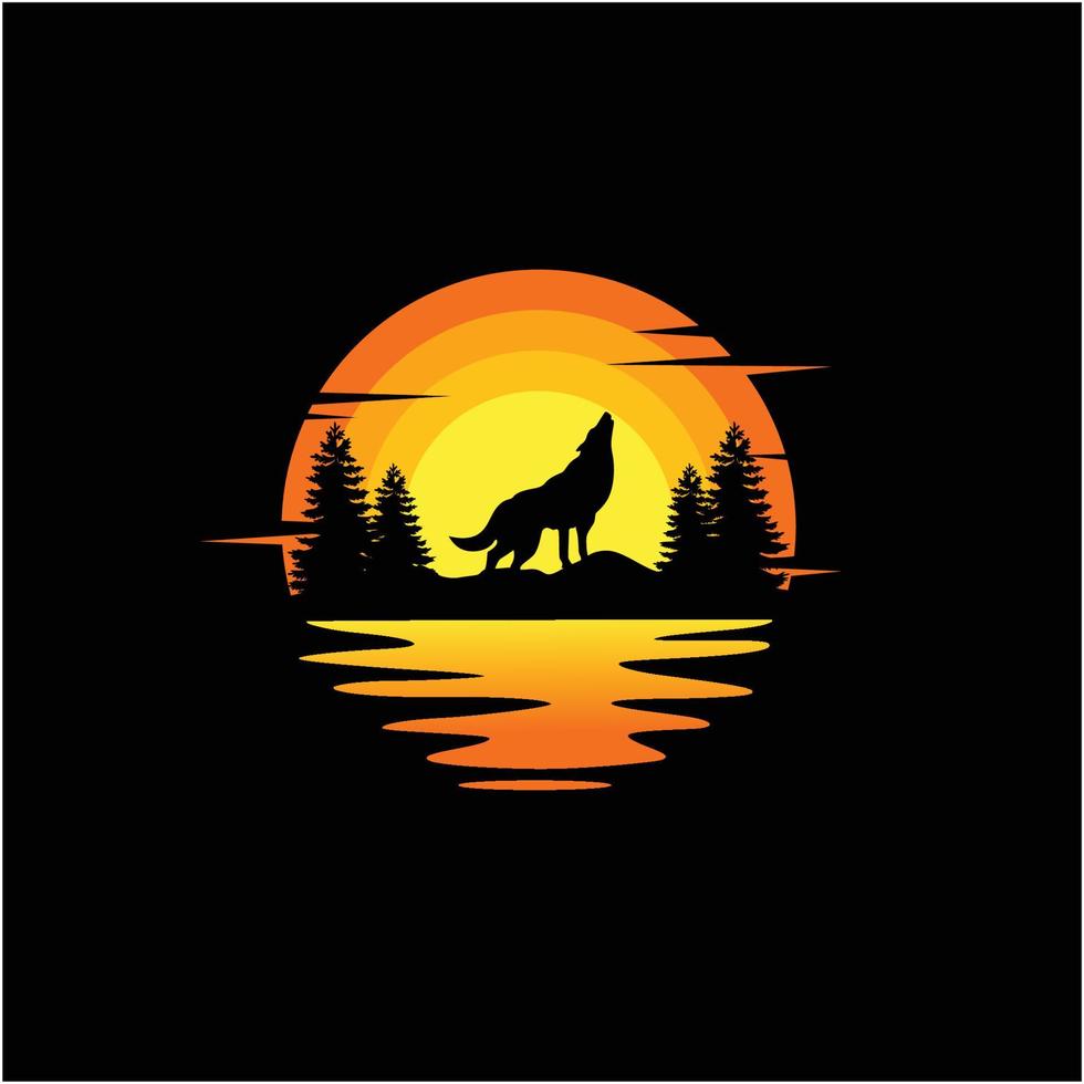 lobo aullido silueta ilustración naturaleza atardecer océano vector