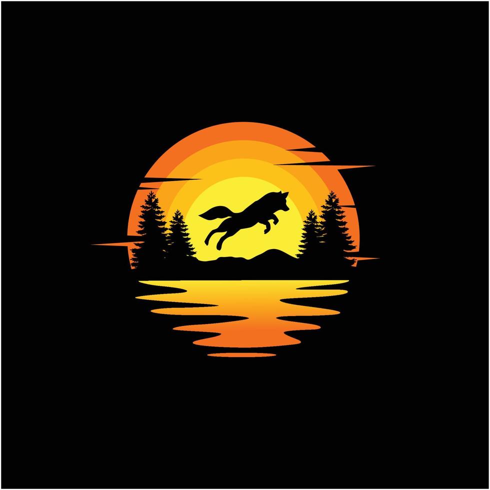 lobo salto silueta ilustración naturaleza atardecer océano vector