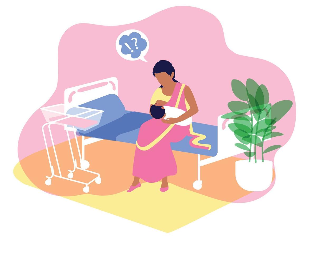 Indian woman in sari with a newborn baby in her arms alone in a hospital ward staying with a baby. Postpartum period. Many anxiety issues, support breastfeeding and maternal mental health. vector