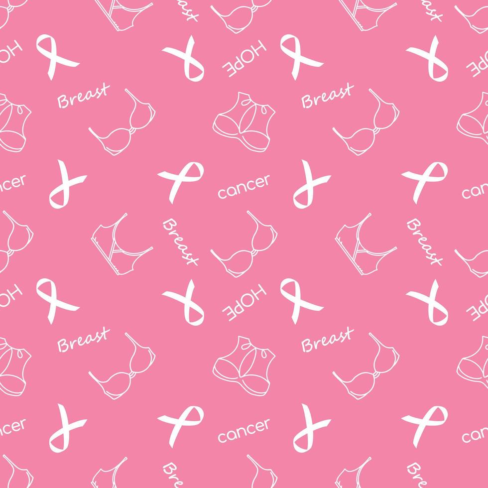 White bra and ribbon seamless pattern on pink backdrop. Text cancer, breast, hope. Awareness month october. vector