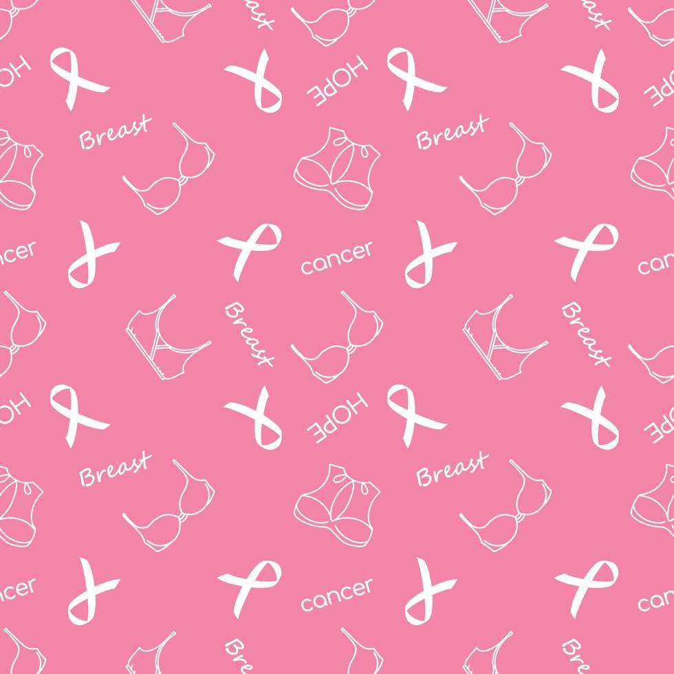 White bra and ribbon seamless pattern on pink backdrop. Text cancer, breast, hope. Awareness month october. vector