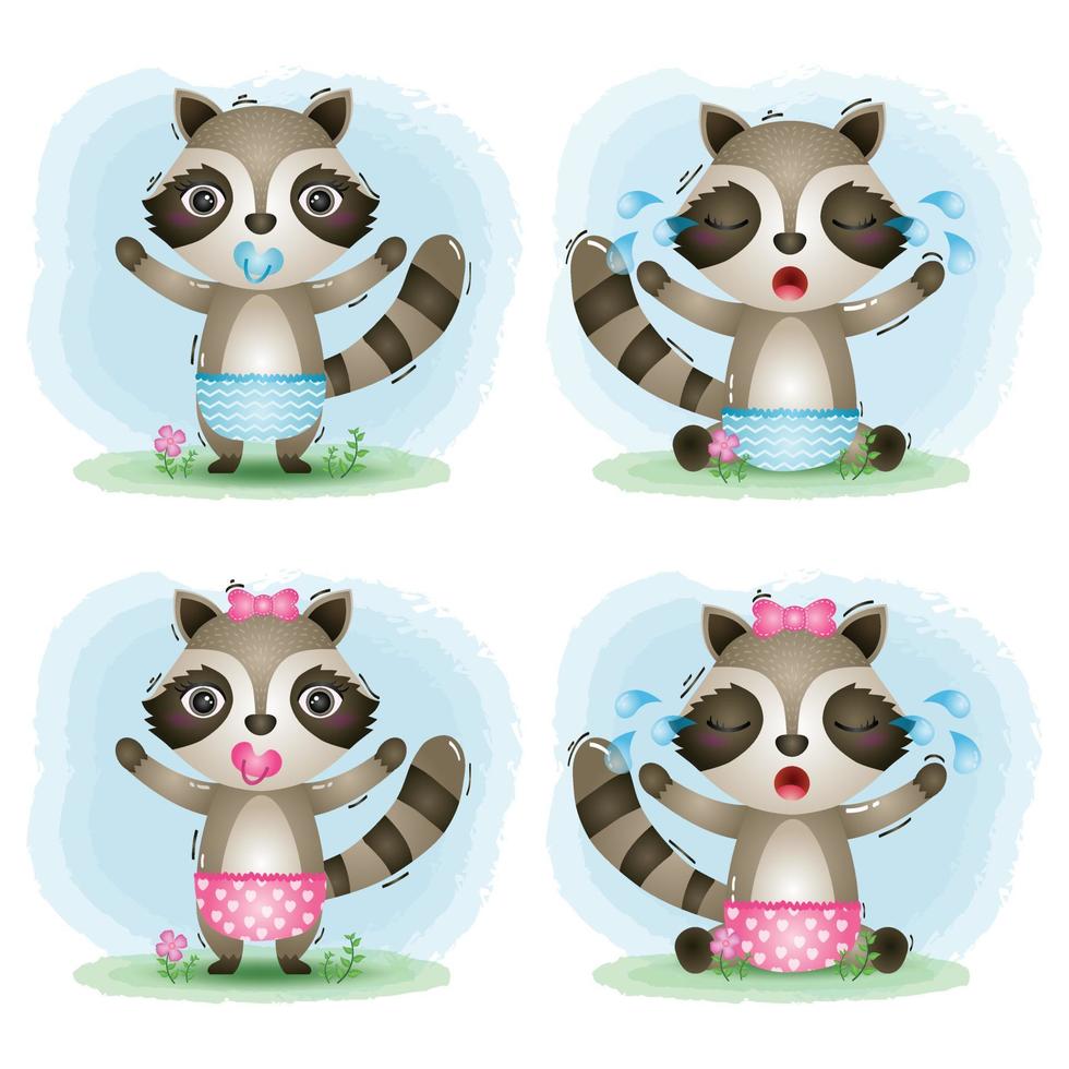 cute baby raccoon collection in the children's style vector