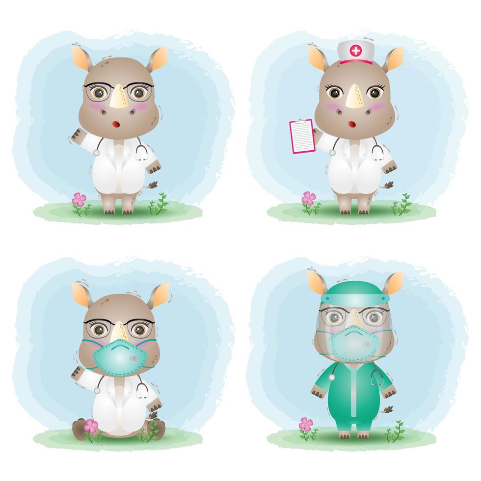 cute rhino with medical staff team doctor and nurse costume collection vector