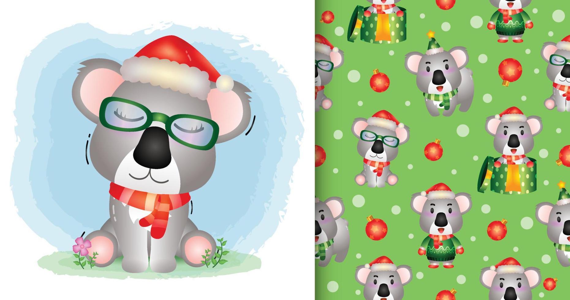 un lindo koala personajes navideños con gorro de Papá Noel y bufanda. patrones sin fisuras y diseños de ilustración vector