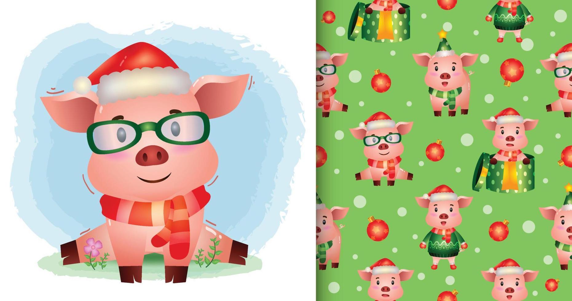 un lindo cerdo personajes navideños con gorro de Papá Noel y bufanda. patrones sin fisuras y diseños de ilustración vector