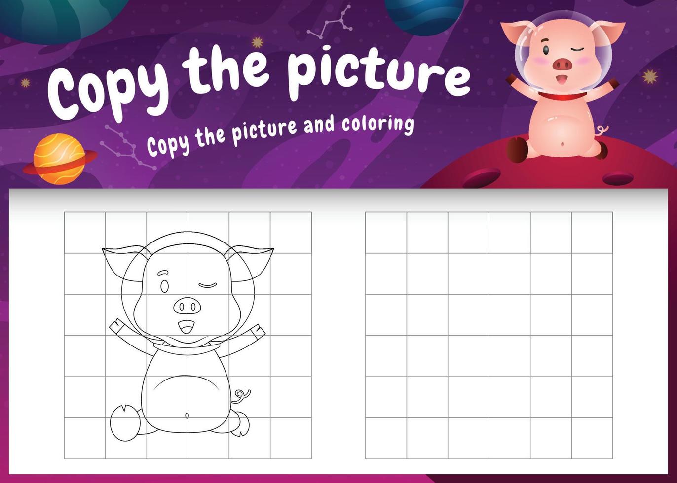 copy the picture kids game and coloring page with a cute pig in the space galaxy vector