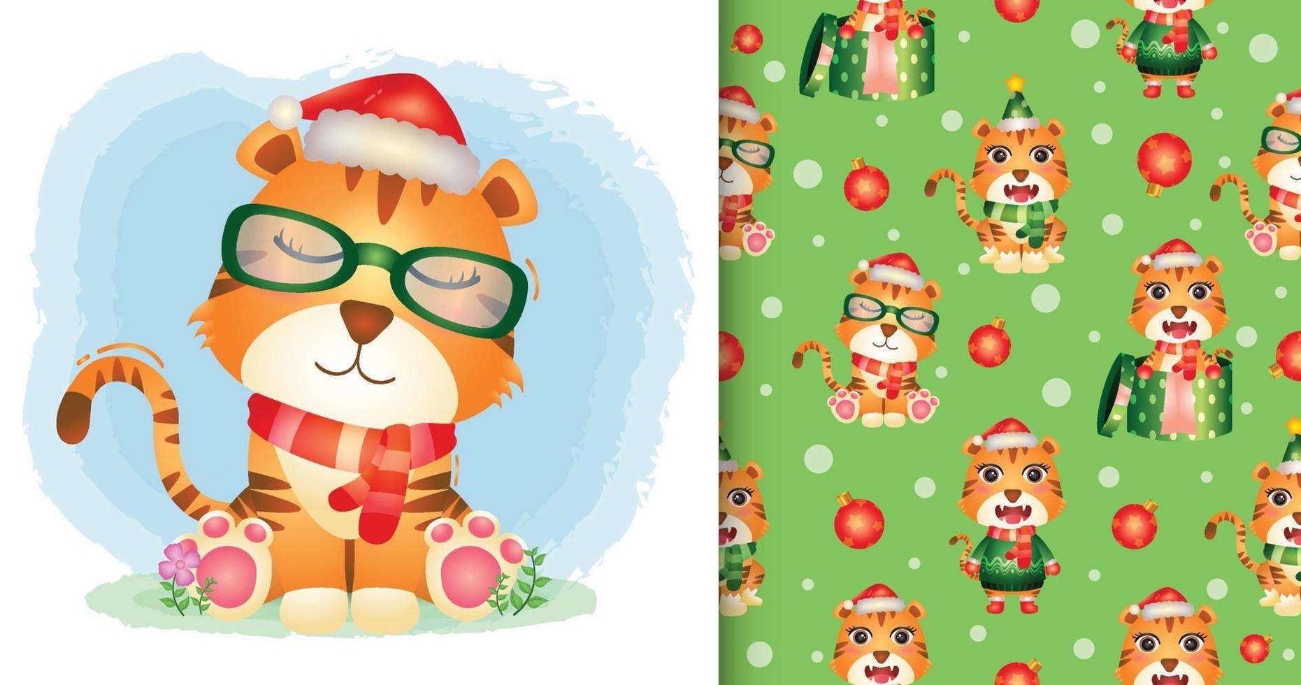 un lindo tigre personajes navideños con gorro de santa y bufanda. patrones sin fisuras y diseños de ilustración vector