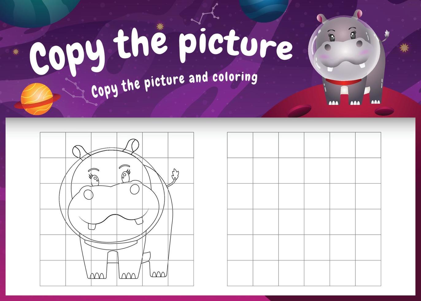 copy the picture kids game and coloring page with a cute hippo in the space galaxy vector