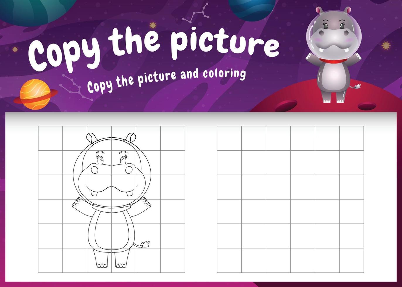 copy the picture kids game and coloring page with a cute hippo in the space galaxy vector