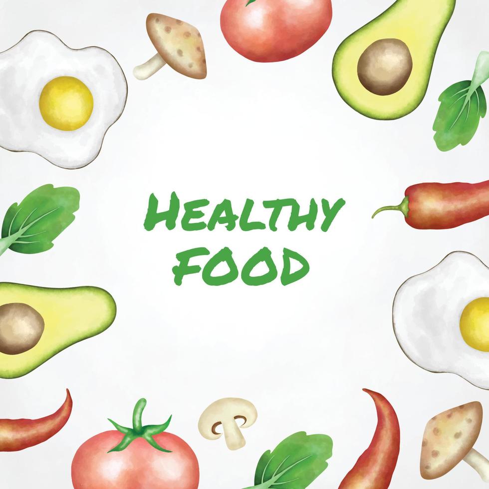 Watercolor healthy food background with variety of nutritious food vector