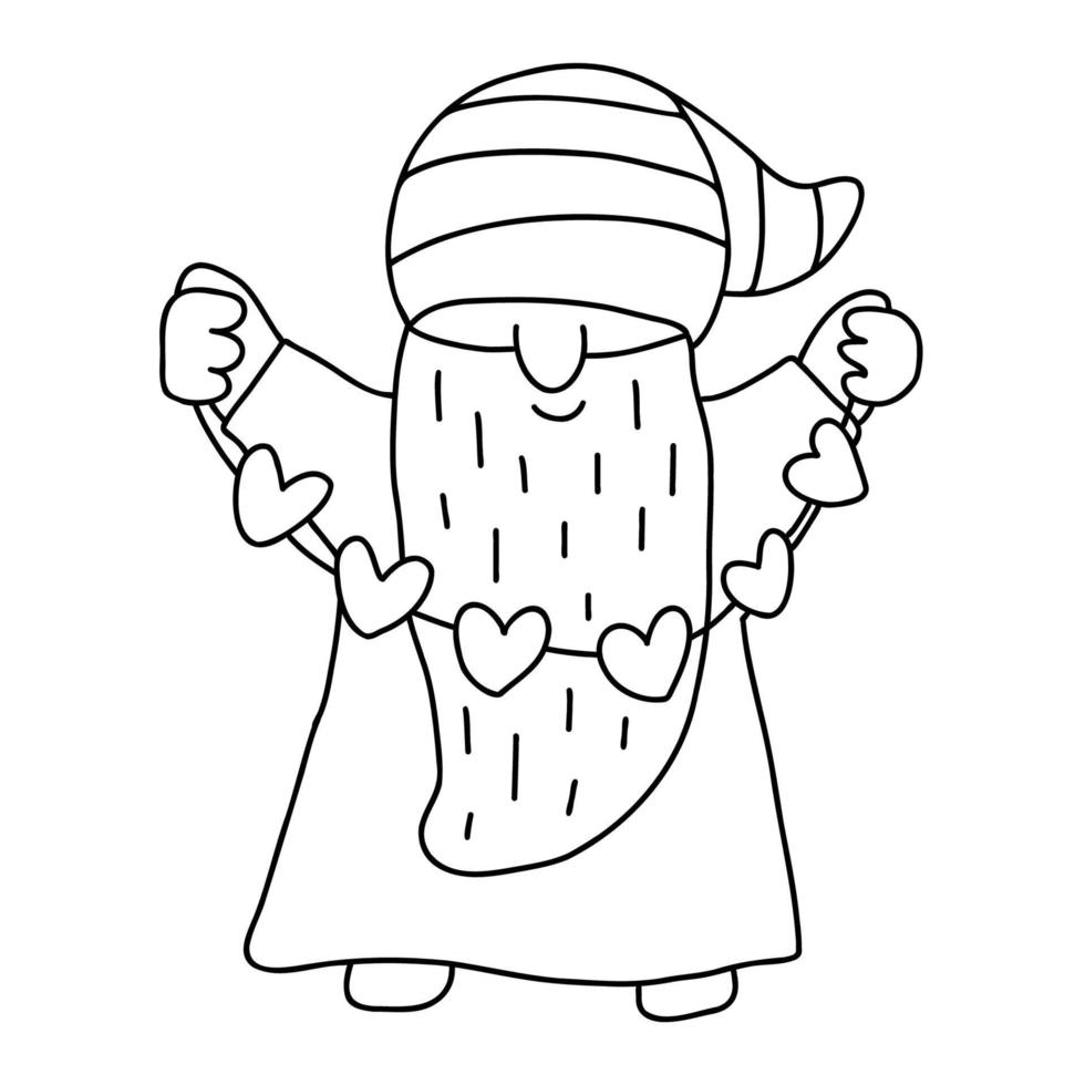 Gnome with hearts garland. Funny character. Doodle hand drawn illustration isolated on white. Great for coloring books, Valentine's day cards. vector