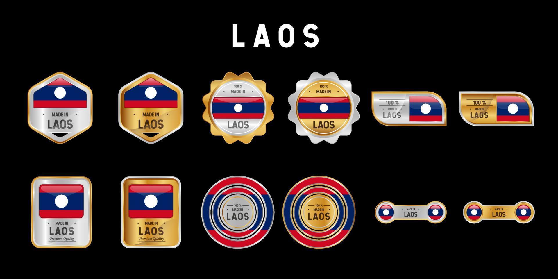 hecho en laos etiqueta, sello, insignia o logotipo. con la bandera nacional de laos. en colores platino, oro y plata. emblema premium y de lujo vector