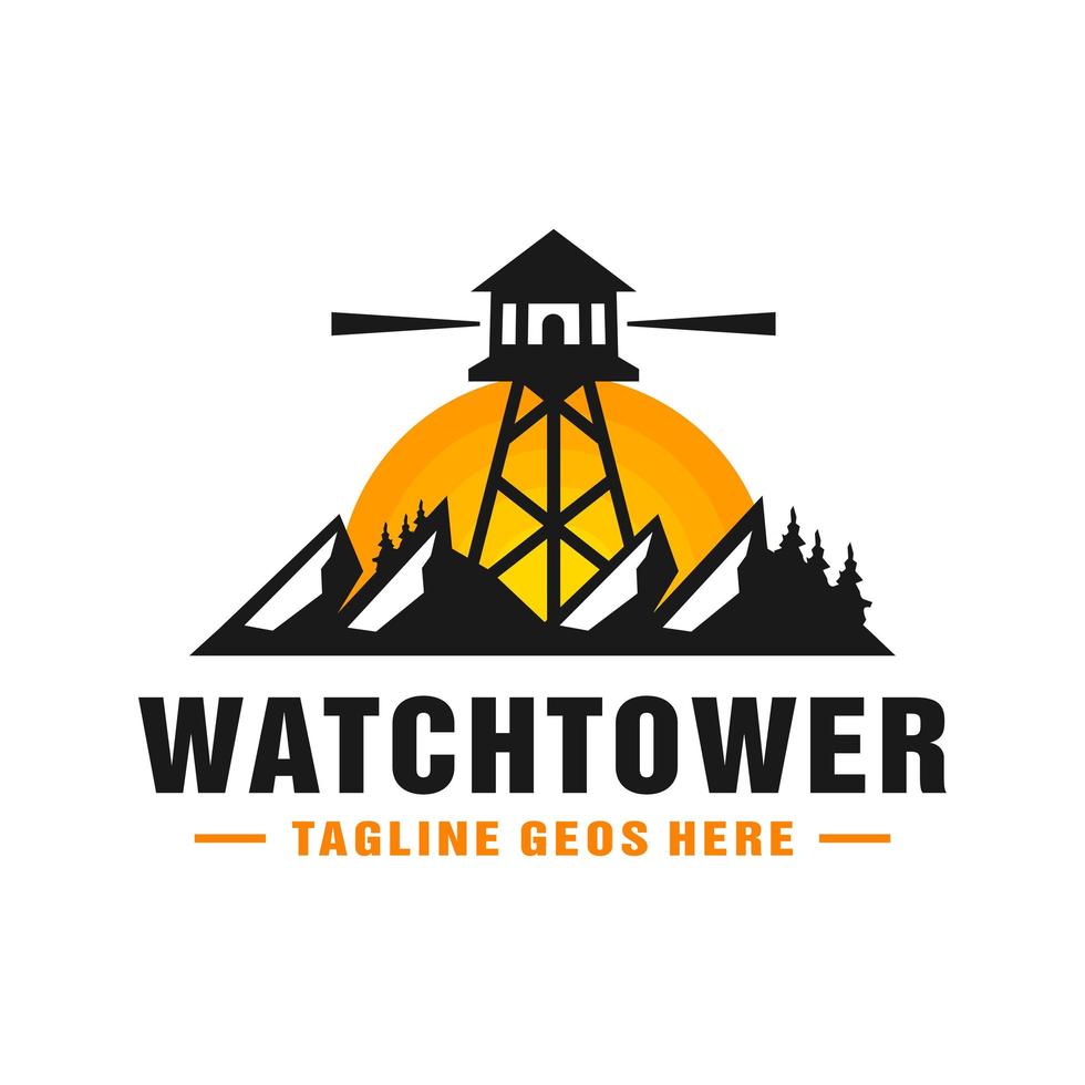 logotipo de la ilustración de la torre de vigilancia en la montaña vector