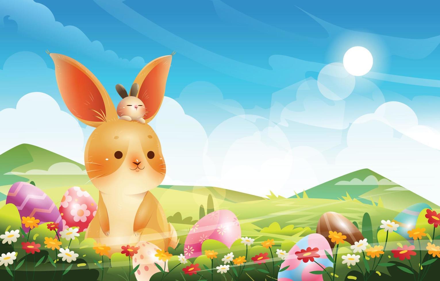 Celebration of Easter Sunday Concept With Bunnies and Easter Eggs in The Meadow vector