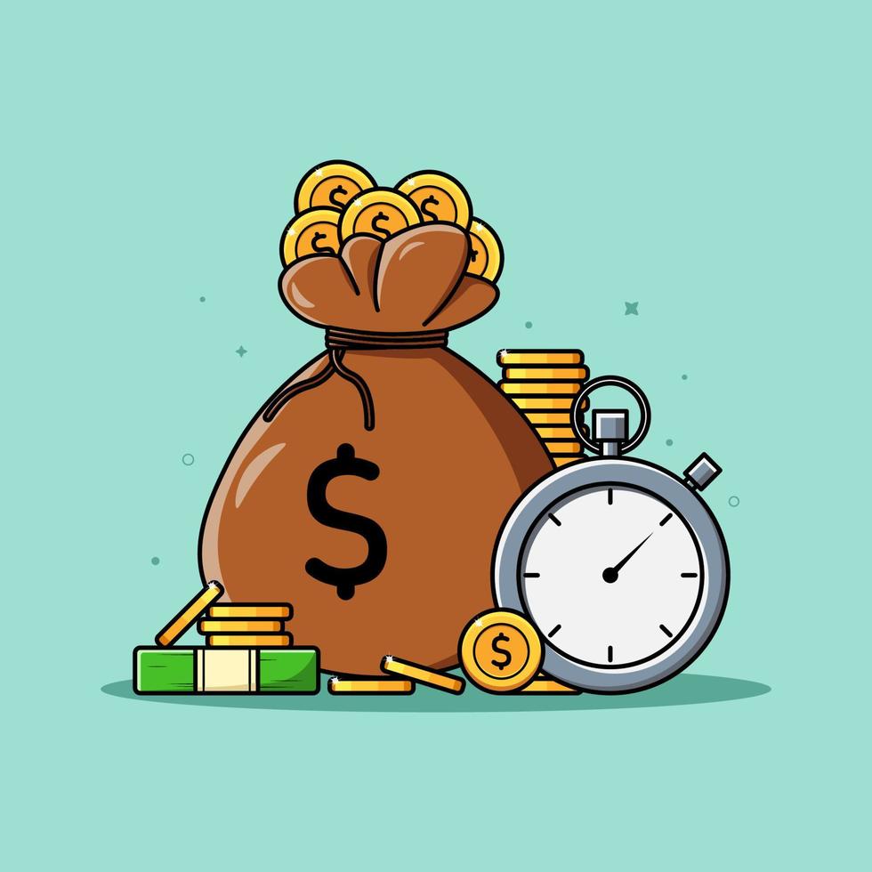 Money bag and stack of coins, Time money illustration vector