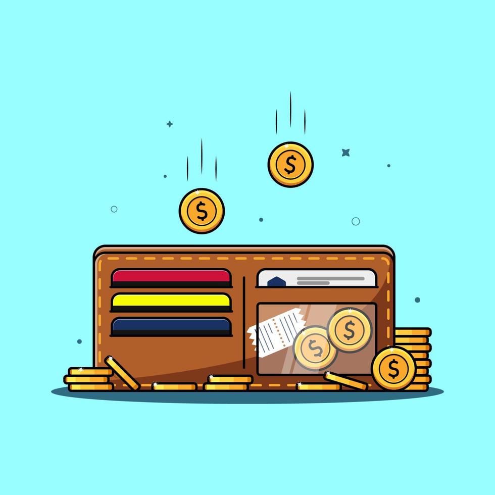 ilustración de billetera y pila de dinero vector