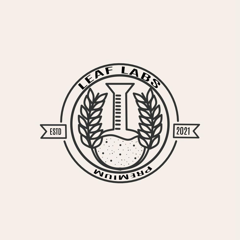 Leaf lab logo stripe line style hipster vintage icon illustration. laboratory test tube. Lab bottle, science, technology, research and ecology vector