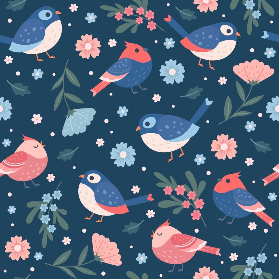 Cute Spring Seamless Patterns with Birds and Flowers vector