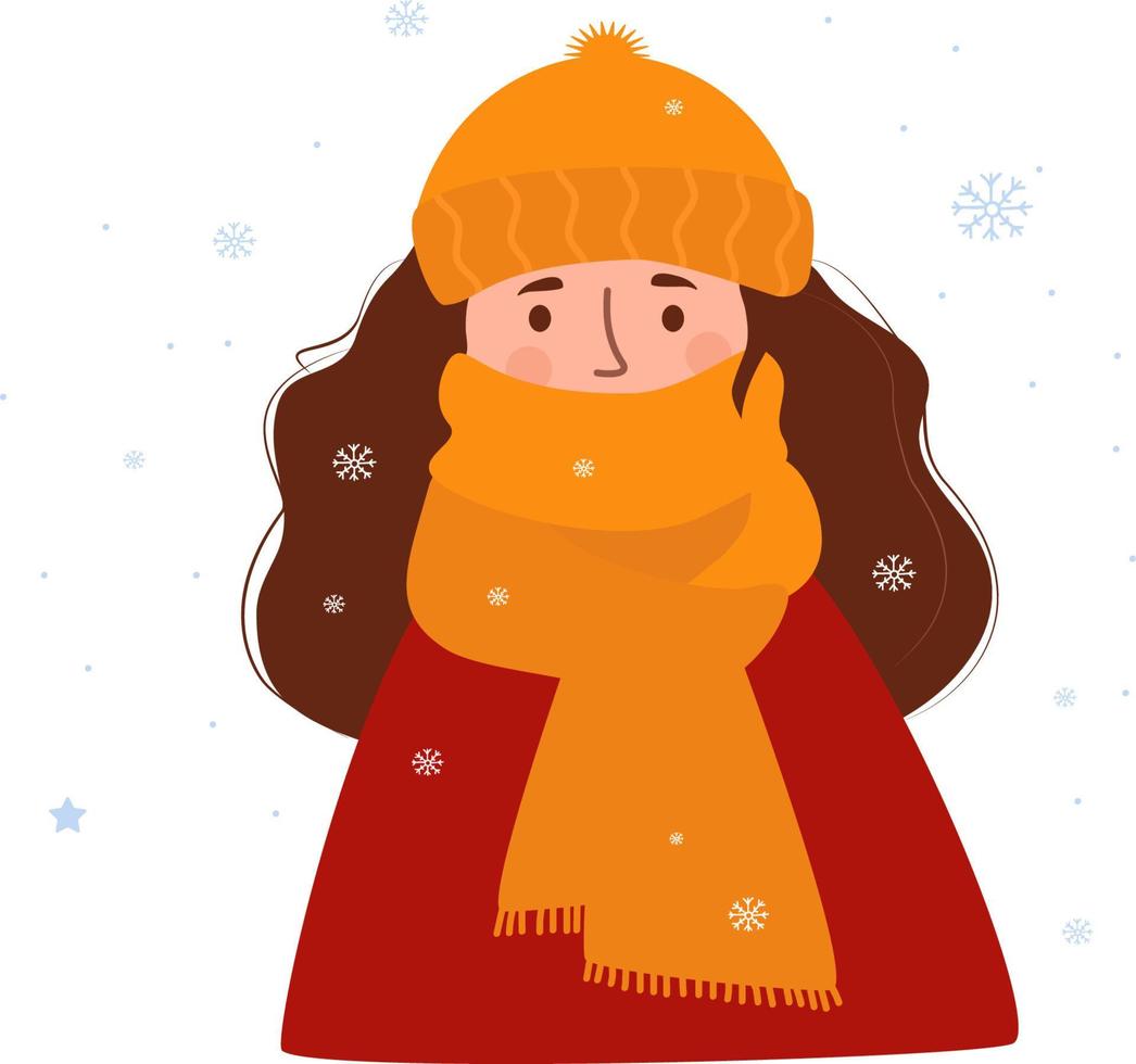 Portrait of frozen winter girl. woman in hat, wrapped up to her nose in warm scarf against background of snowflakes. Vector illustration. Character in flat style for winter design, decor