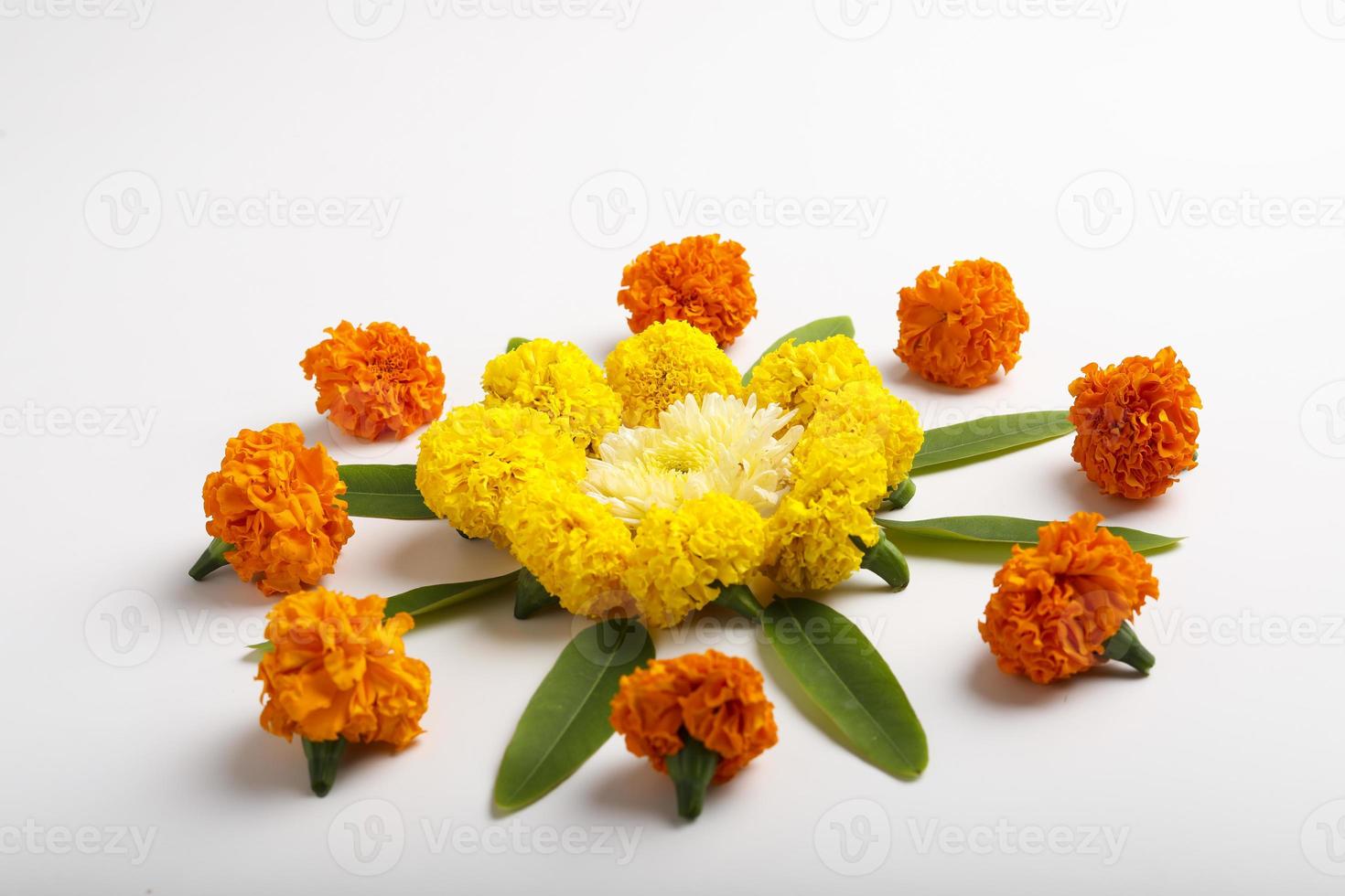 Marigold Flower rangoli Design for Diwali Festival , Indian Festival flower decoration photo