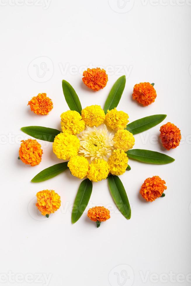 Marigold Flower rangoli Design for Diwali Festival , Indian Festival flower decoration photo