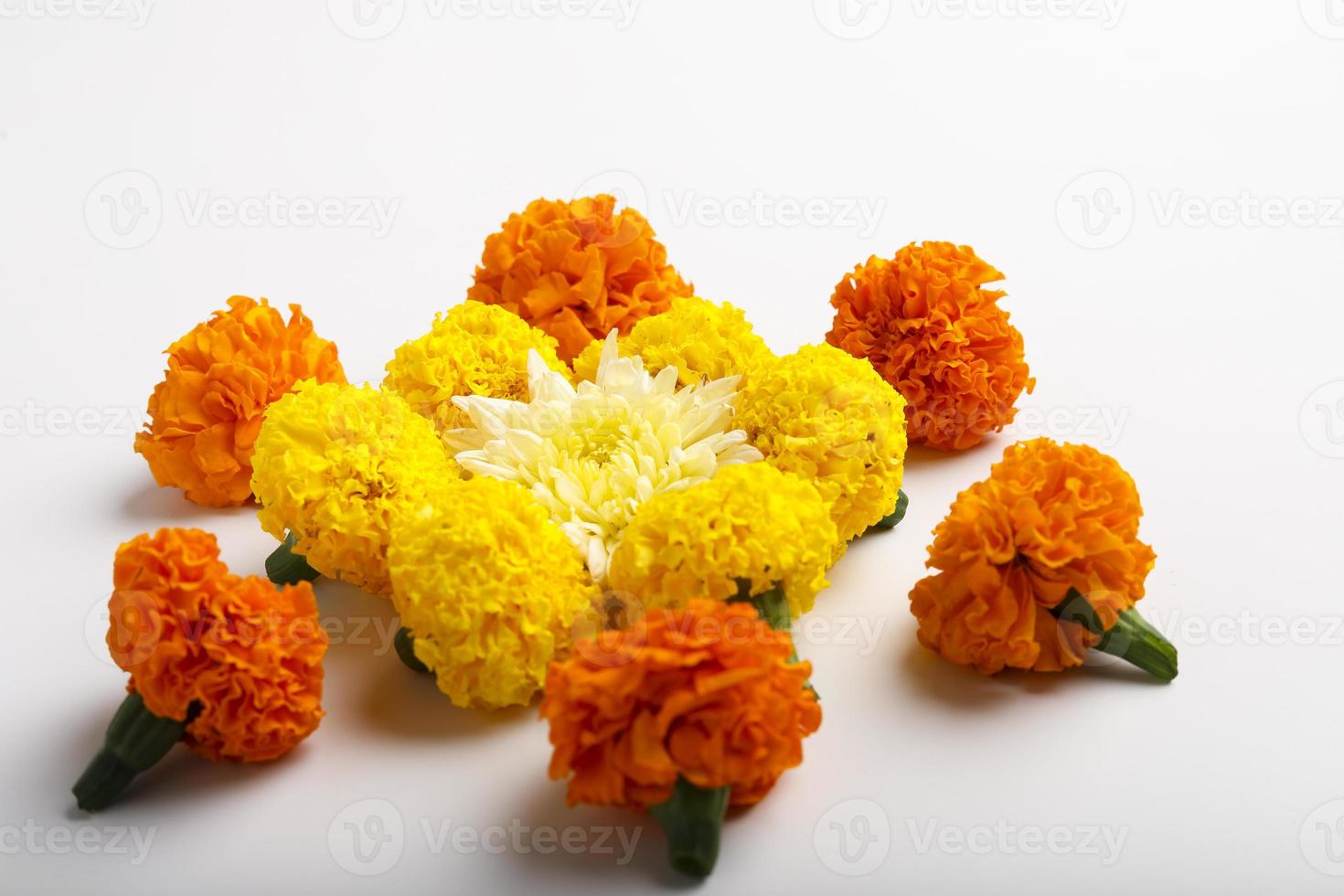 Marigold Flower rangoli Design for Diwali Festival , Indian Festival flower decoration photo