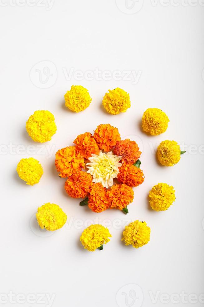 Marigold Flower rangoli Design for Diwali Festival , Indian Festival flower decoration photo