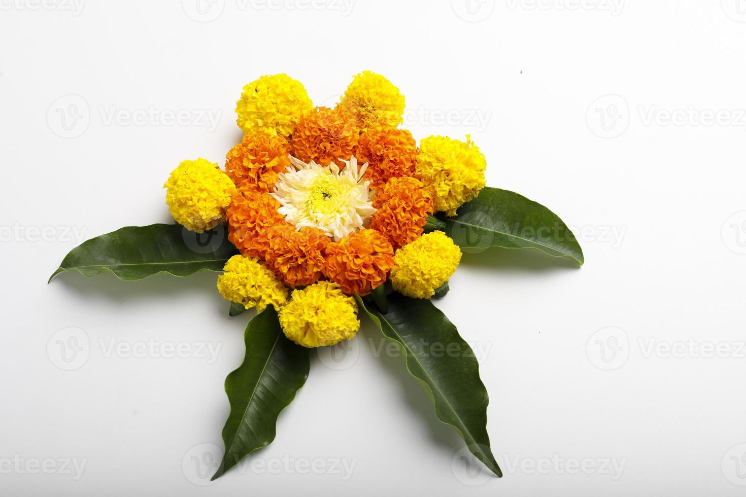 Marigold Flower rangoli Design for Diwali Festival , Indian Festival flower decoration photo