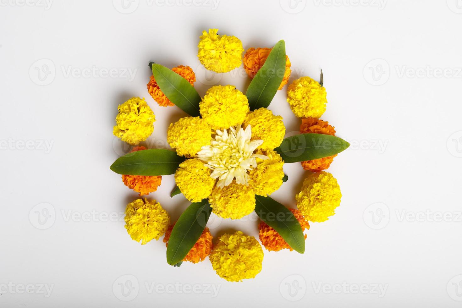 Marigold Flower rangoli Design for Diwali Festival , Indian Festival flower decoration photo