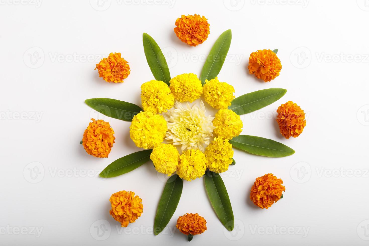 Marigold Flower rangoli Design for Diwali Festival , Indian Festival flower decoration photo