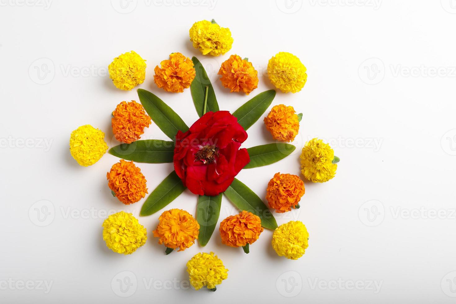 Marigold Flower rangoli Design for Diwali Festival , Indian Festival flower decoration photo