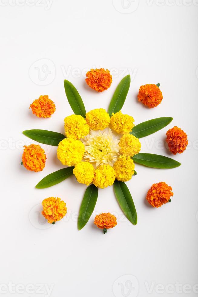 Marigold Flower rangoli Design for Diwali Festival , Indian Festival flower decoration photo