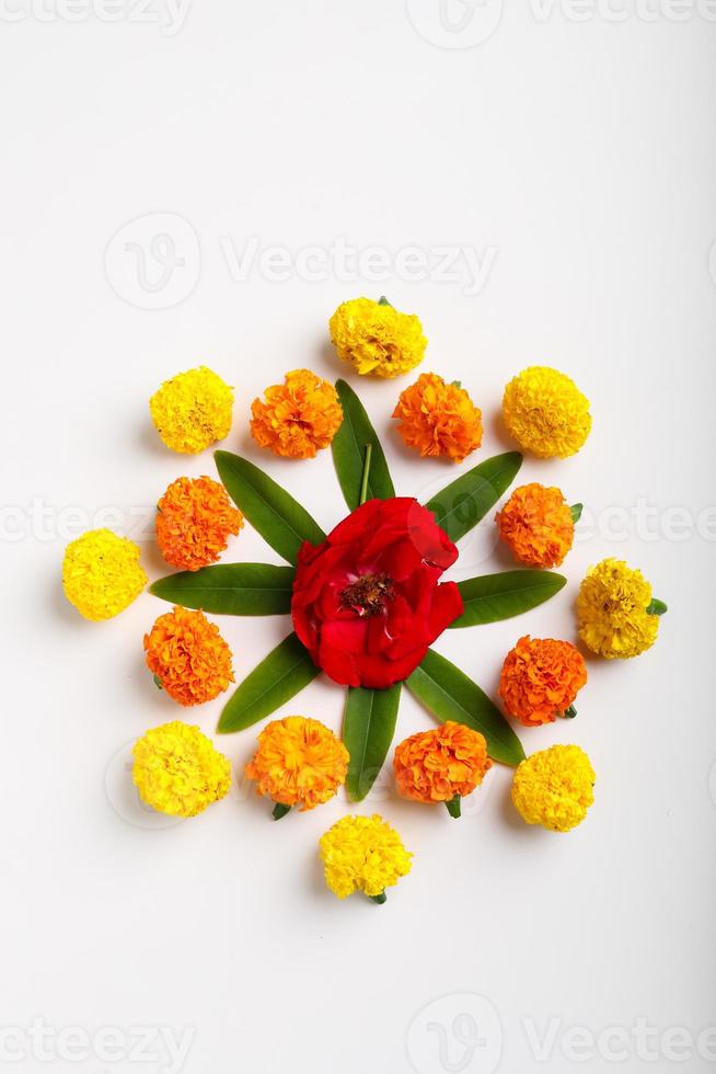 Marigold Flower rangoli Design for Diwali Festival , Indian Festival flower decoration photo