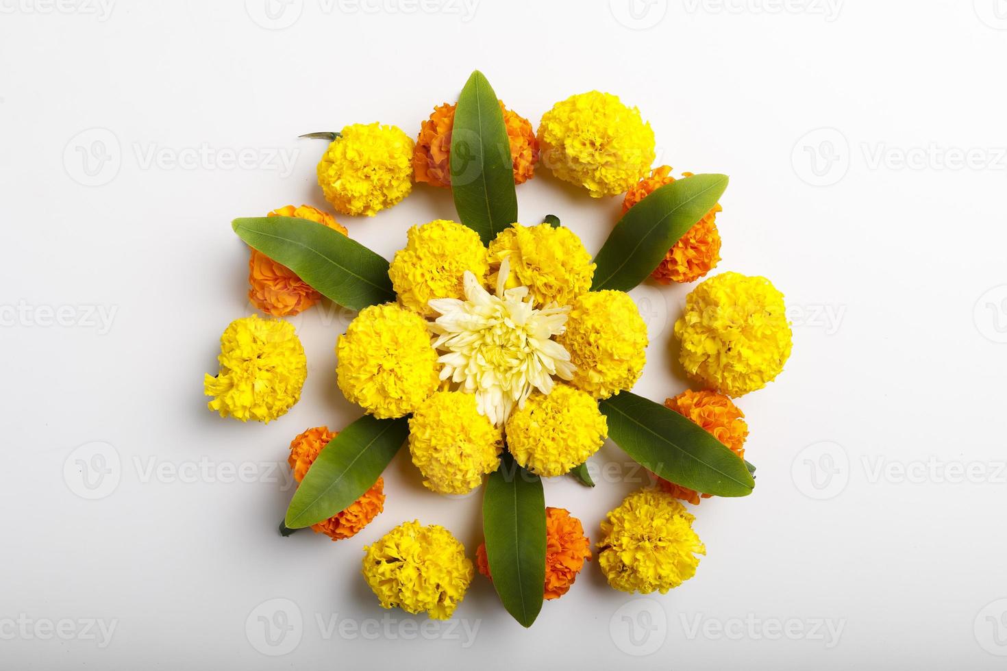 Marigold Flower rangoli Design for Diwali Festival , Indian Festival flower decoration photo