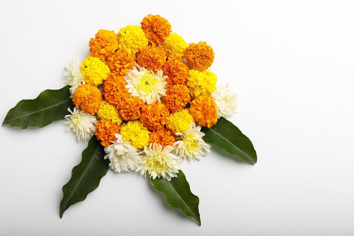 Marigold Flower rangoli Design for Diwali Festival , Indian Festival flower decoration photo