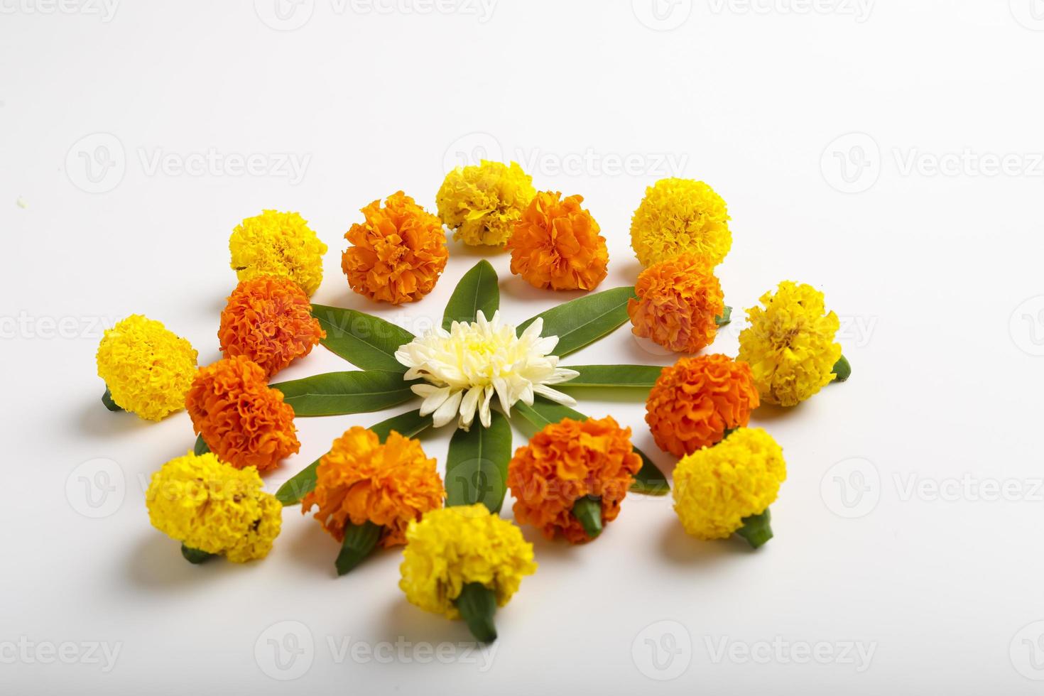 Marigold Flower rangoli Design for Diwali Festival , Indian Festival flower decoration photo