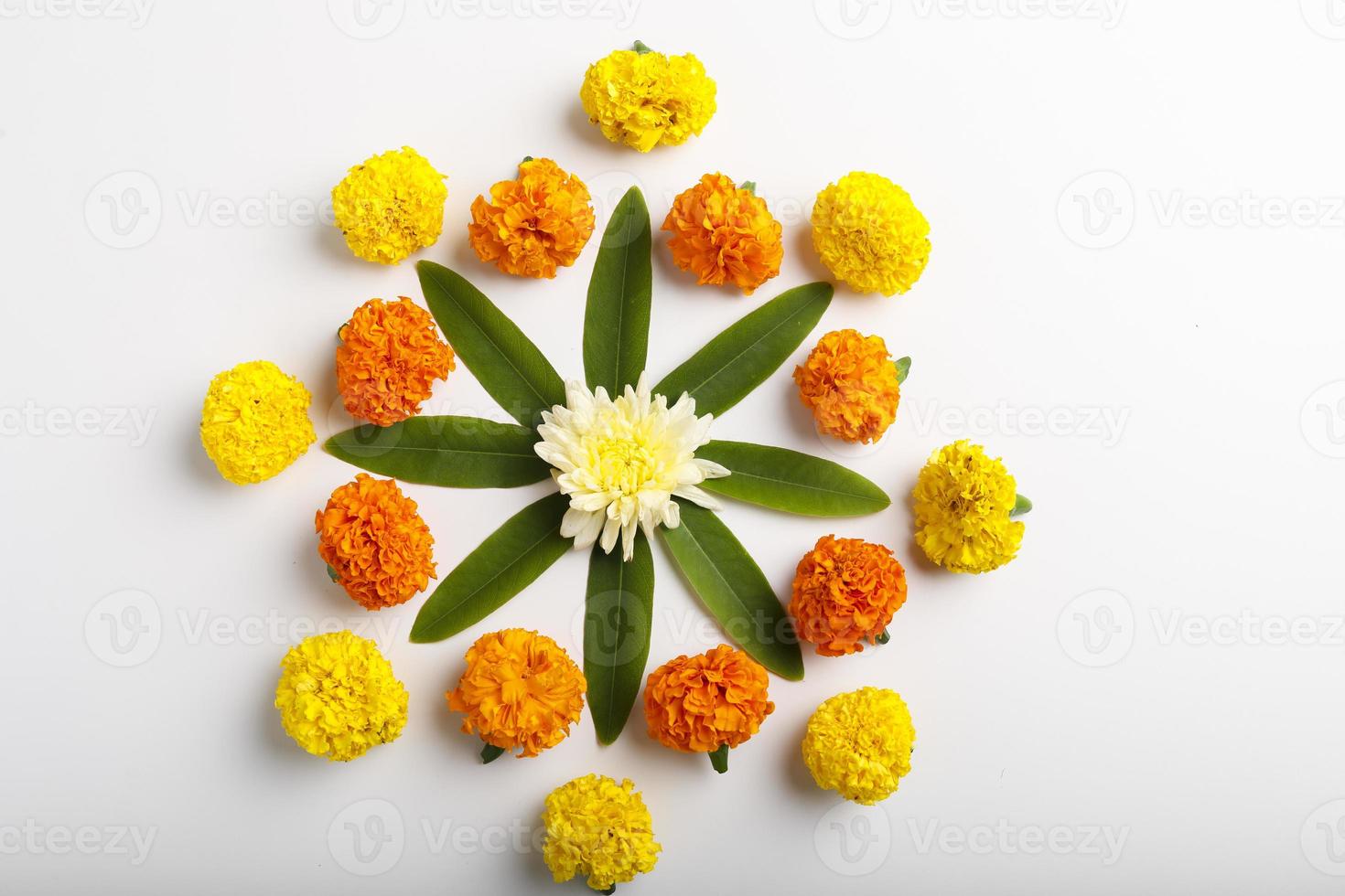 Marigold Flower rangoli Design for Diwali Festival , Indian Festival flower decoration photo