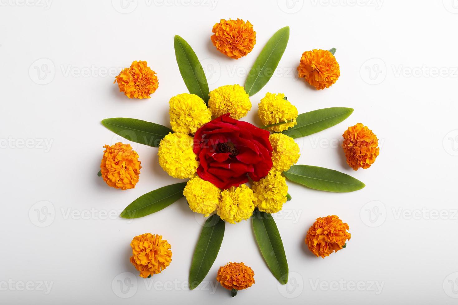 Marigold Flower rangoli Design for Diwali Festival , Indian Festival flower decoration photo