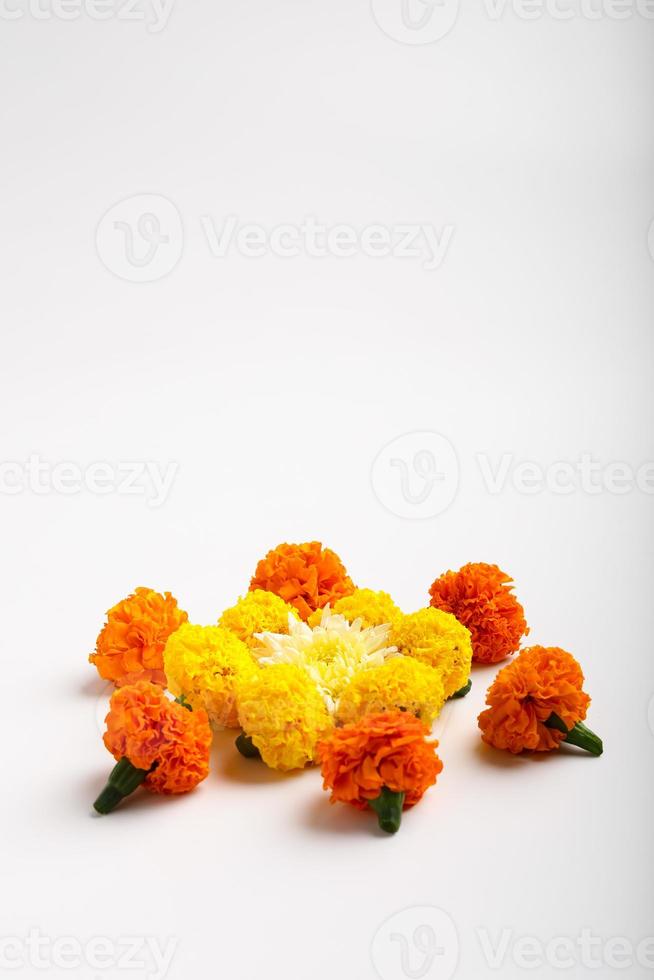 Marigold Flower rangoli Design for Diwali Festival , Indian Festival flower decoration photo