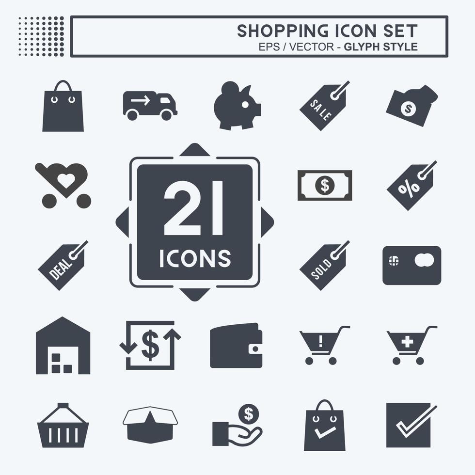 Shopping Icon Set in trendy glyph style isolated on soft blue background vector